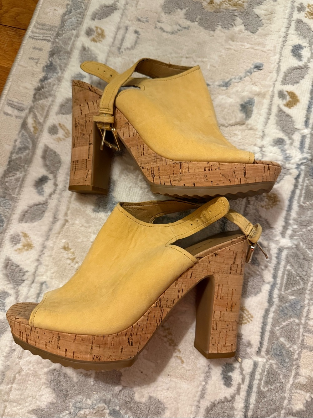 FRANCO SARTO Yellow Cork Platform Peep-Toe Heels - Women Shoes
